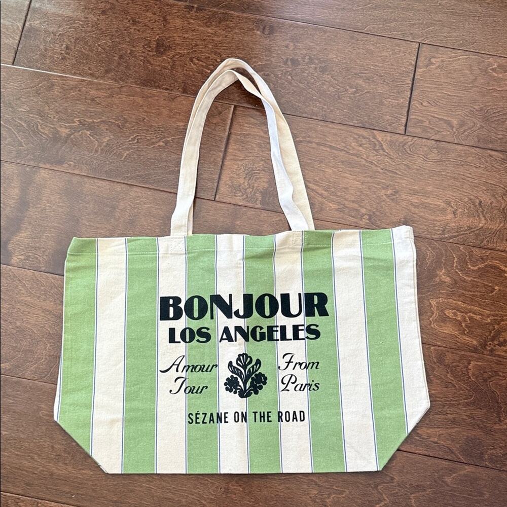 NWOT Sézane Bonjour Los Angeles Green & White Striped Cotton Market Tote Bag